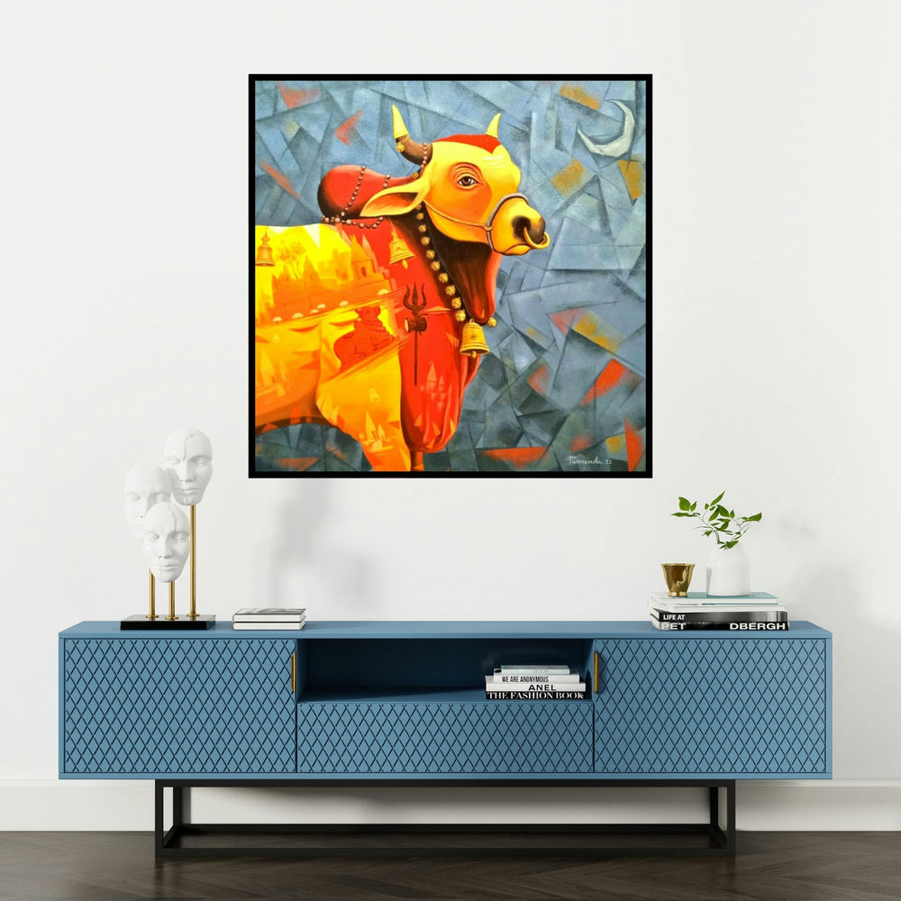 'Holy Bull Of Shiva (Holy Bull) (Holy Bull of Shiva)' painting by Purnendu Mandal shown on a wall in a furnished room.