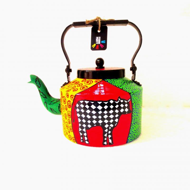 Lifestyle craft titled 'Holy Cow Tea Kettle', 9x9x7 inches, by artist Rithika Kumar on Aluminium