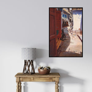 In-situ view of Sachin Sawant's 'Holy Lane 2 Banaras' painting in a room