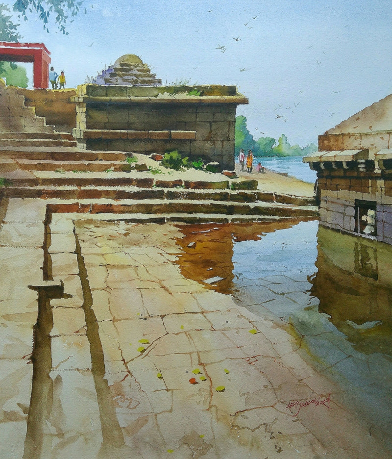 'Holy Panchganga 2' religious watercolor painting by artist Abhijit Jadhav, 24x20 inch, on paper