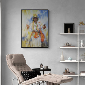 Vijay Jadhav's painting 'Holy Presence In Morning' displayed in a modern living room setting