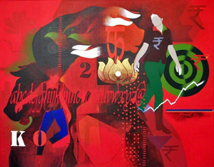 Homage (The Market of Life) by Ranjit Singh, Original Acrylic Figurative Painting on Canvas, Large Horizontal Wall Art