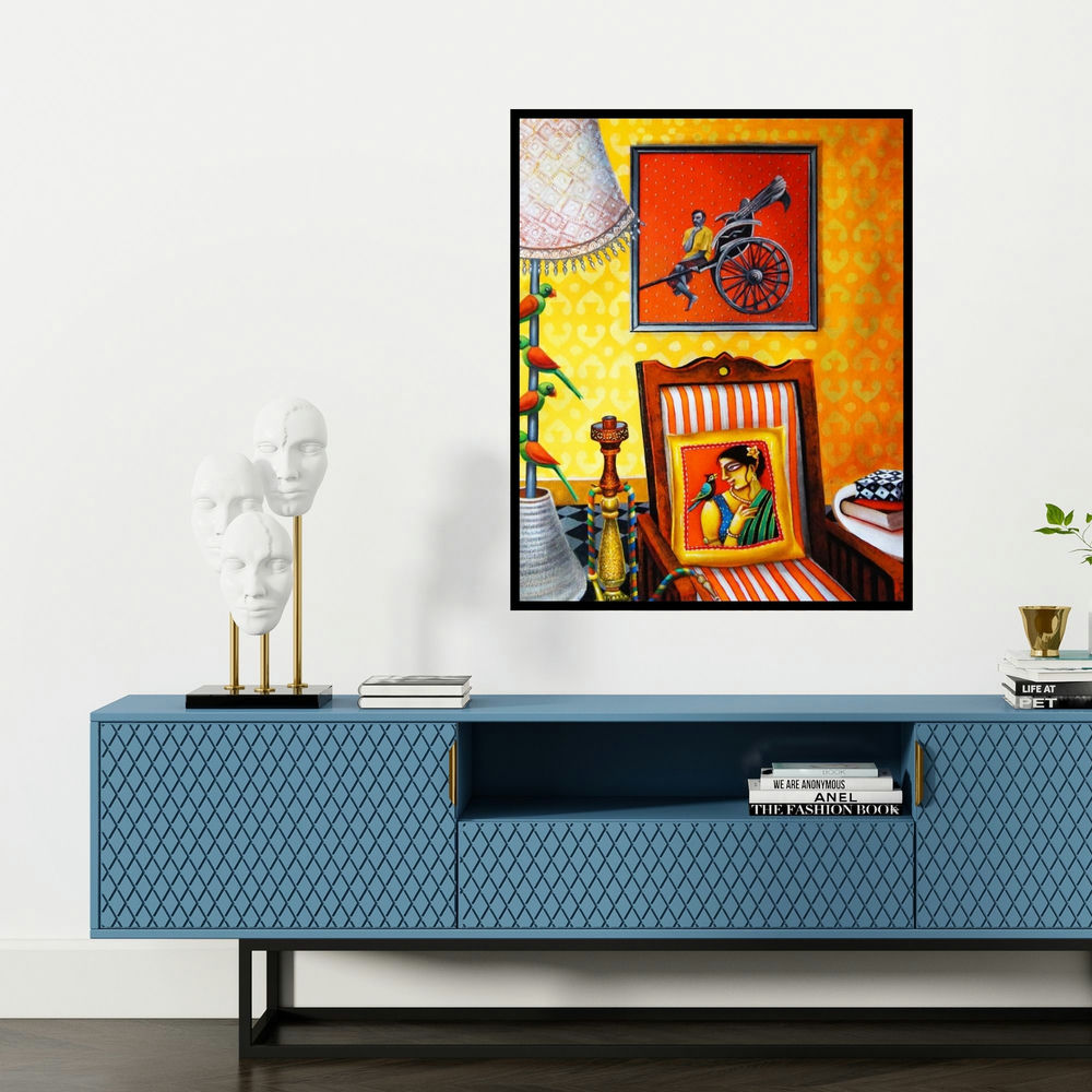 'Home' painting by Gautam Mukherjee shown on a wall in a furnished room.