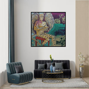 Preview of 'Home Land (Winged Figure)' Painting by Abhishek Chourasia shown on a wall in a furnished room.