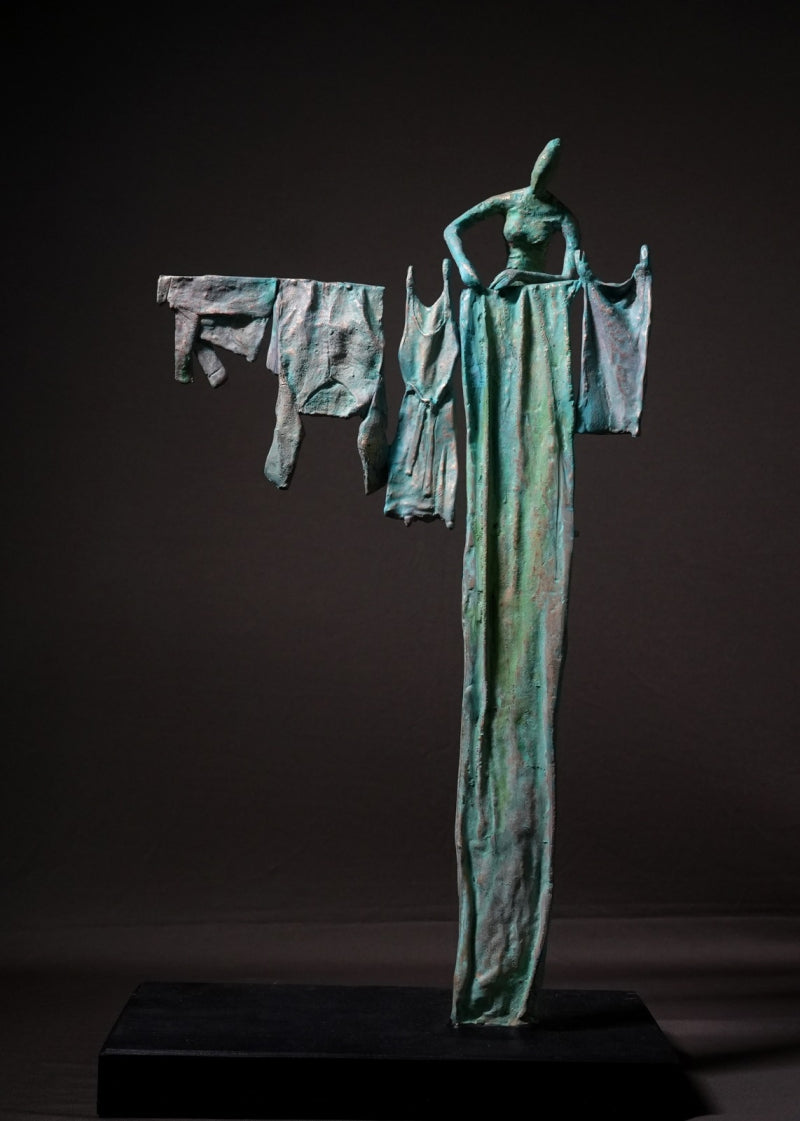 'Homework' figurative Brass sculpture by artist Rohan Pawar, 26x15 inch, on brass