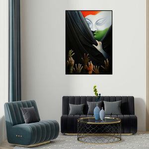 Amit Bhar's 'Honest Effort (Untitled)' painting visualized above a sofa in a contemporary room.
