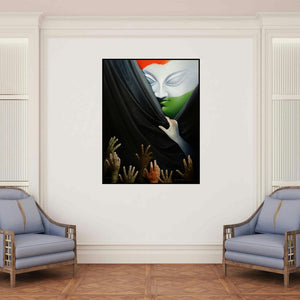 'Honest Effort (Untitled)' painting by Amit Bhar shown on a wall in a furnished room.