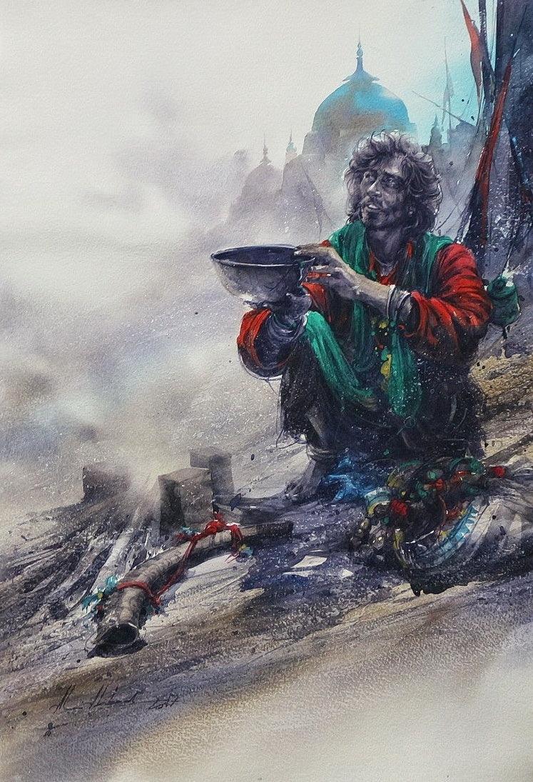 Figurative watercolor painting titled 'Hope', 15x22 inches, by artist Ali Abbas on Paper