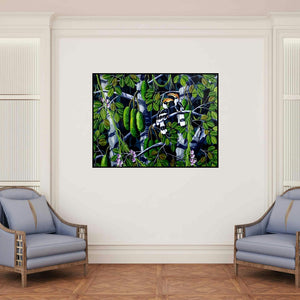 'The Hornbills 101' painting by Varghese Kalathil shown on a wall in a furnished room.