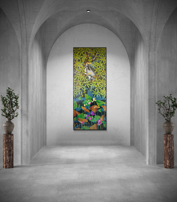 In-situ view of Varghese Kalathil's 'The Hornbills 102' painting in a room