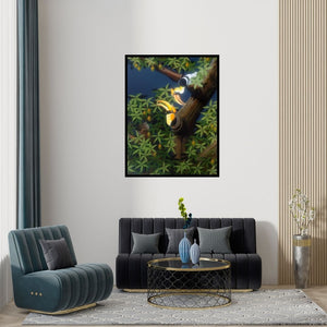 Preview of 'The Hornbills 107' Painting by Varghese Kalathil shown on a wall in a furnished room.