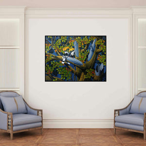'The Hornbills 108' painting by Varghese Kalathil shown on a wall in a furnished room.