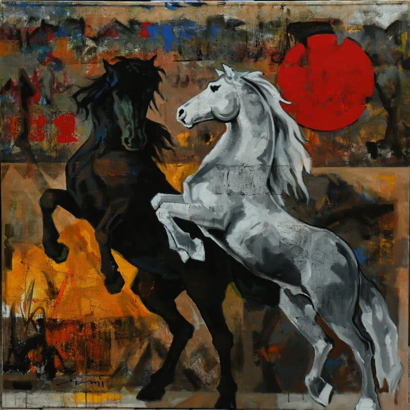 Animals acrylic painting titled 'Horse 123 48x48', 48x48 inches, by artist Devidas Dharmadhikari on canvas