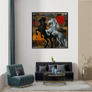 Preview of 'Horse 123 48X48' Painting by Devidas Dharmadhikari shown on a wall in a furnished room.