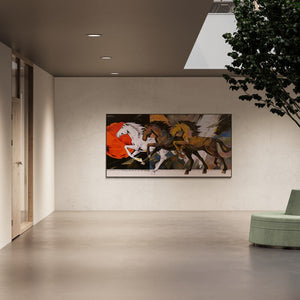 In-situ view of Devidas Dharmadhikari's 'Horse 125 96x48' painting in a room