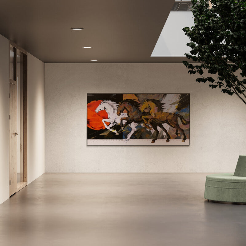 In-situ view of Devidas Dharmadhikari's 'Horse 125 96x48' painting in a room