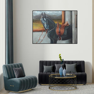 Sarang Pharate's 'Horse 2 (Equestrian Elegance)' painting visualized above a sofa in a contemporary room.