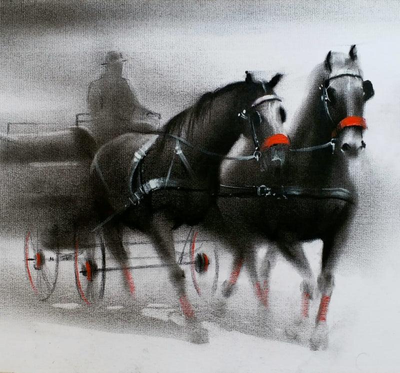 Animals charcoal painting titled 'Horse Carriage 1', 14x20 inches, by artist Ganesh Hire on Paper