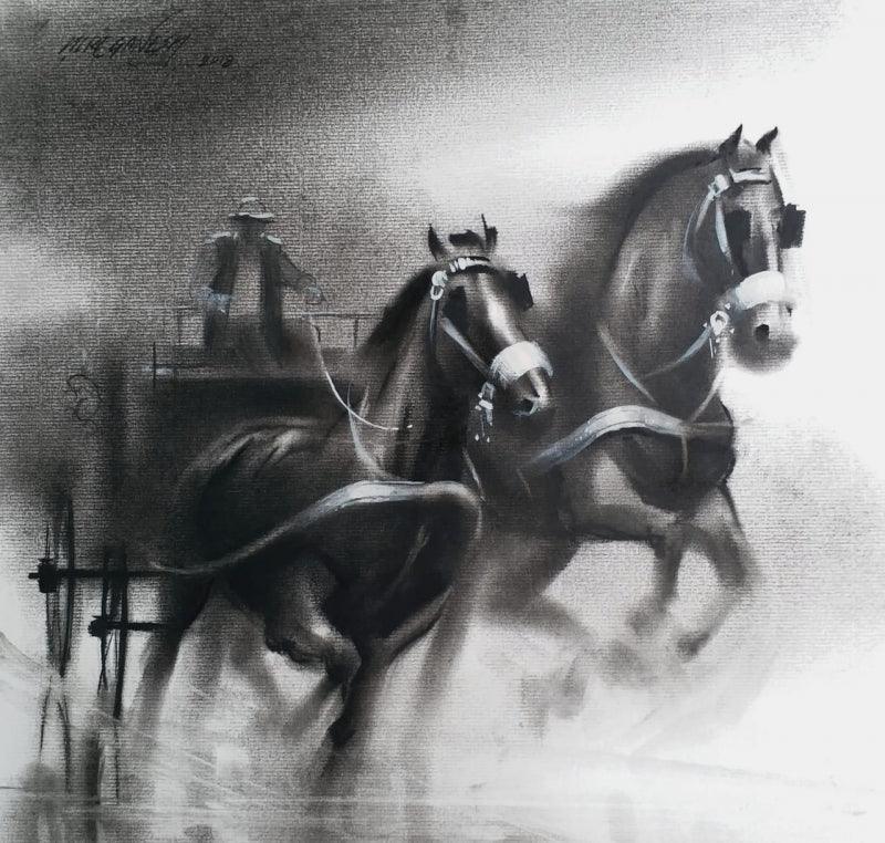 Animals charcoal painting titled 'Horse Carriage 4', 14x20 inches, by artist Ganesh Hire on Paper