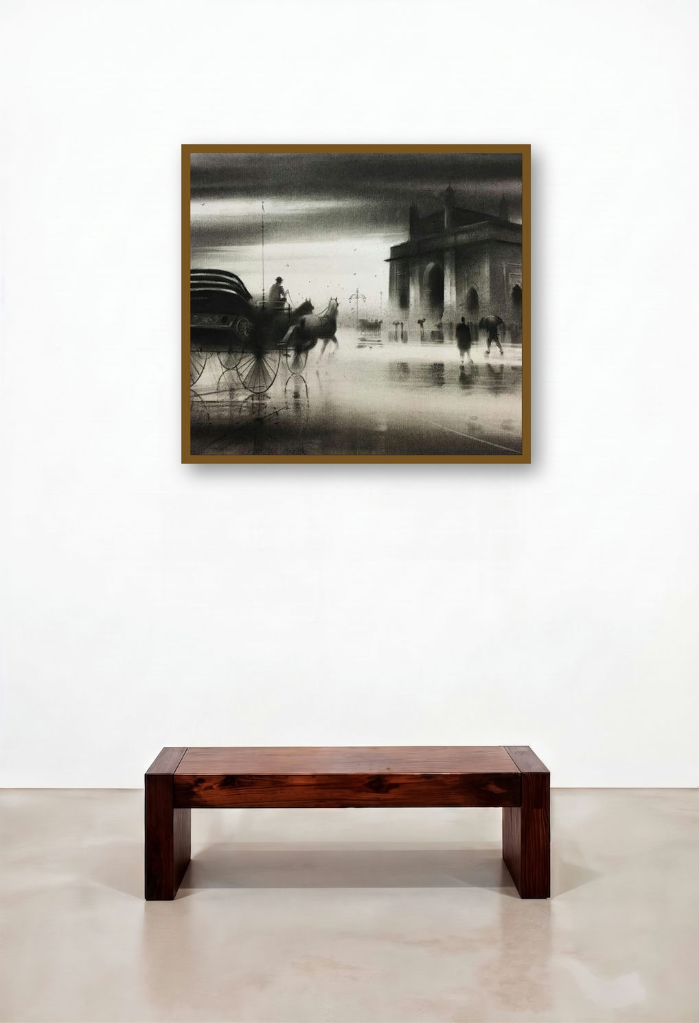Horse Carriage 5 (A Rainy Day at the Gateway) by artist Ganesh Hire displayed in a Scandinavian Library