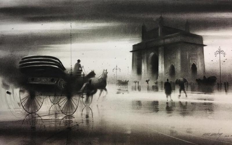 Cityscape charcoal painting titled 'Horse Carriage 5', 21x28 inches, by artist Ganesh Hire on Paper