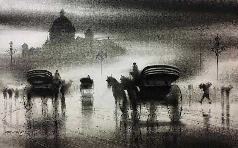 Cityscape charcoal painting titled 'Horse Carriage 6', 21x28 inches, by artist Ganesh Hire on Paper