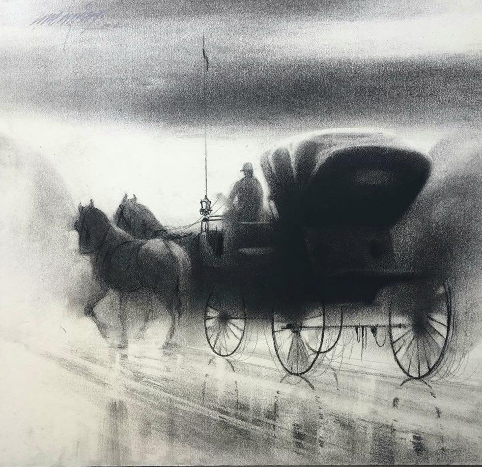 Animals charcoal painting titled 'Horse Carriage 8', 14x20 inches, by artist Ganesh Hire on Paper