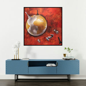 'Horse In Chess15' painting by Mithu Biwas shown on a wall in a furnished room.