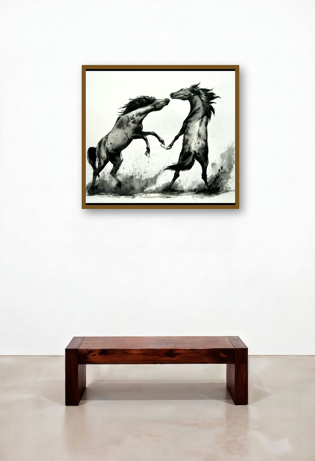 Horse Competition 01 (Duel of the Stallions) by artist Deven Ramesh Bhosale displayed in a Coastal Penthouse