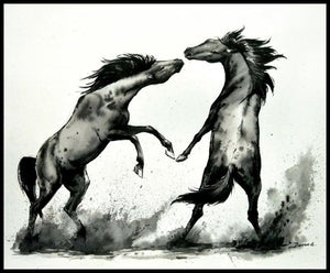 Horse Competition 01 (Duel of the Stallions) by Deven Ramesh Bhosale, Original Ink Watercolor Animal Painting on Paper, Small Horizontal Wall Art