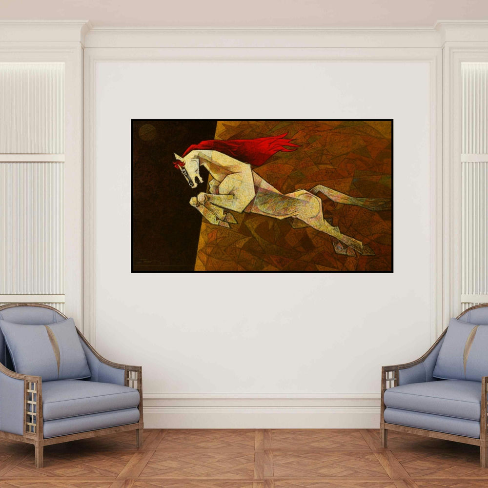 'Horse The Effeminate' painting by Dinkar Jadhav shown on a wall in a furnished room.