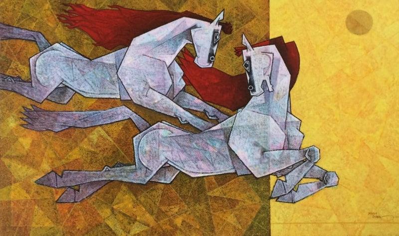 Animals acrylic painting titled 'Horse Love Has No Limits 3', 36x60 inches, by artist Dinkar Jadhav on Canvas