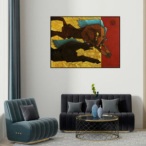 Dinkar Jadhav's 'Horse Lust For Life 2' painting visualized above a sofa in a contemporary room.