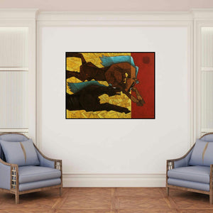 'Horse Lust For Life 2' painting by Dinkar Jadhav shown on a wall in a furnished room.