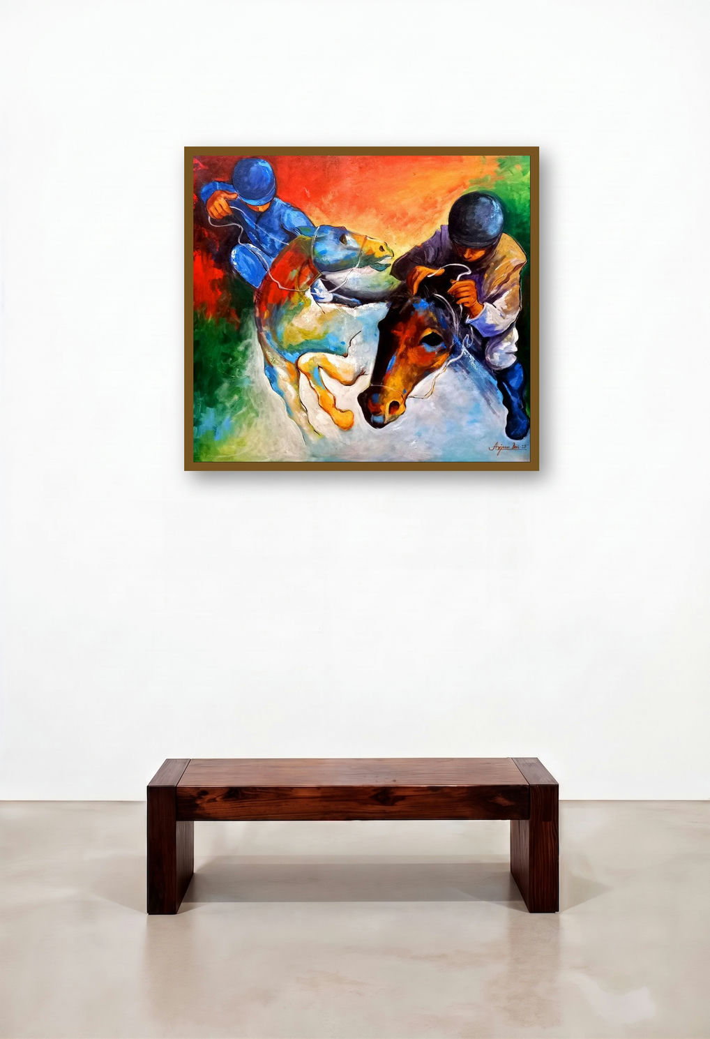 Horse Rider (Equestrian Grace) by artist Arjun Das displayed in a Minimalist Study