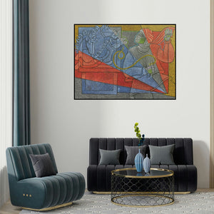 Satyajeet Shinde's 'Horse Rider I' painting visualized above a sofa in a contemporary room.