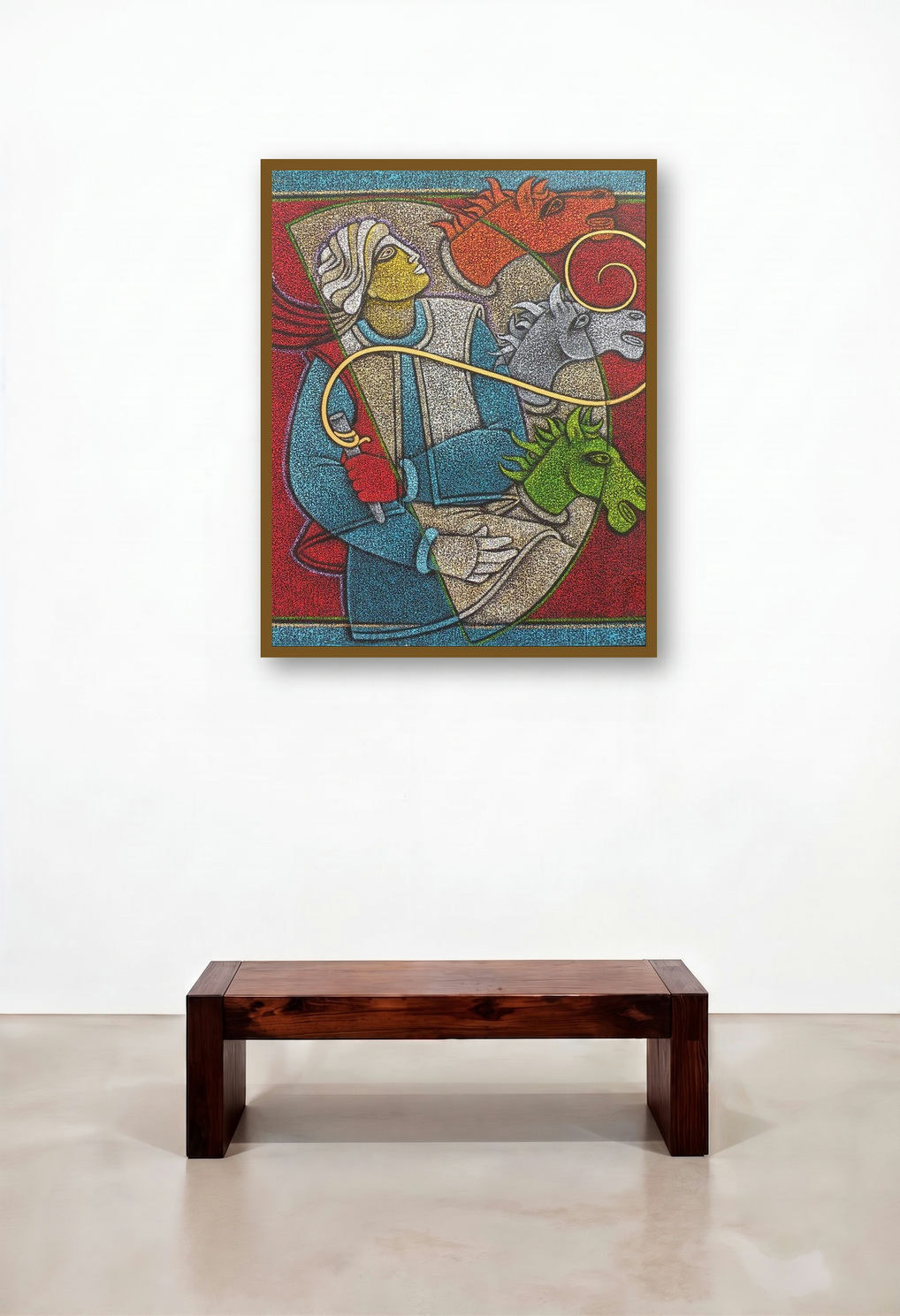 Horse Rider Ii (Three Horses and a Rider) by artist Satyajeet Shinde displayed in a Elegant Bedroom
