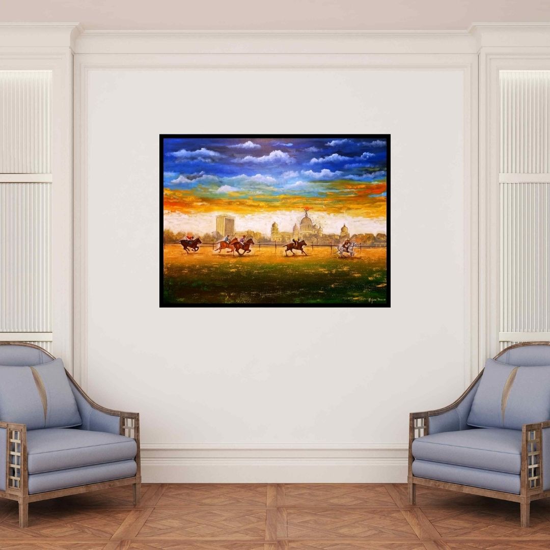 In-situ view of Arjun Das's 'Horse Riding Of Kolkata' painting in a room