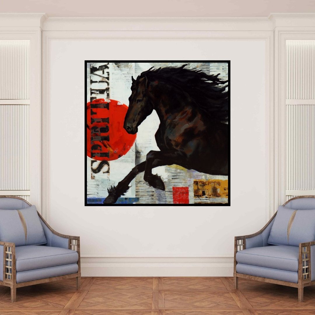 In-situ view of Devidas Dharmadhikari's 'Horse Series 118 (Spirit Unbound)' painting in a room