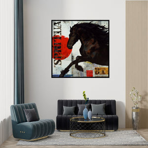 Preview of 'Horse Series 118 (Spirit Unbound)' Painting by Devidas Dharmadhikari shown on a wall in a furnished room.