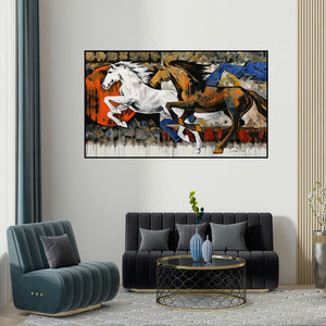 Devidas Dharmadhikari's 'Horse Series 164' painting visualized above a sofa in a contemporary room.