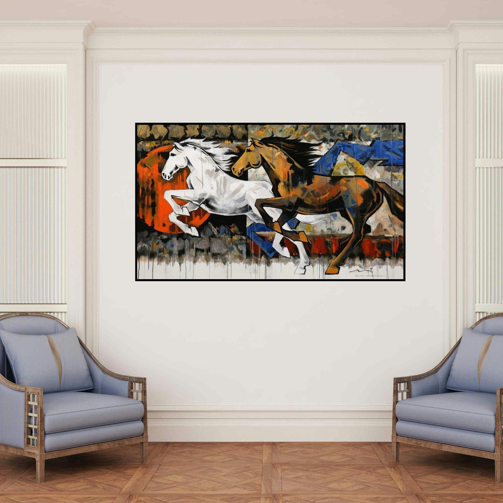 'Horse Series 164' painting by Devidas Dharmadhikari shown on a wall in a furnished room.