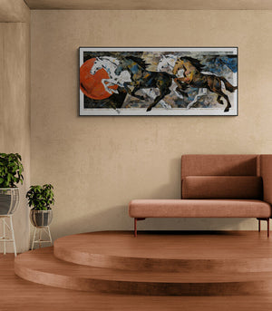 In-situ view of Devidas Dharmadhikari's 'Horse Series 226 (Wild Gallop)' painting in a room