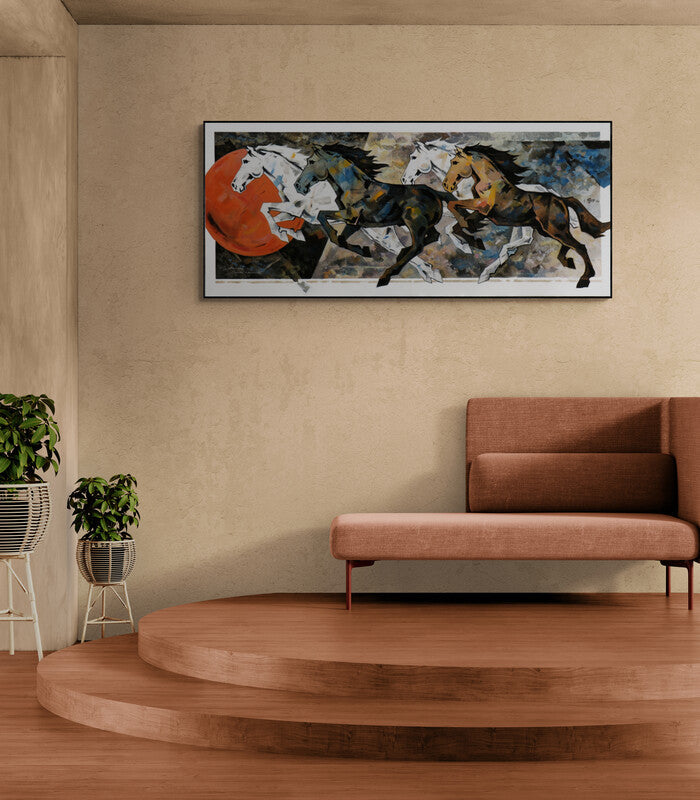 In-situ view of Devidas Dharmadhikari's 'Horse Series 226 (Wild Gallop)' painting in a room