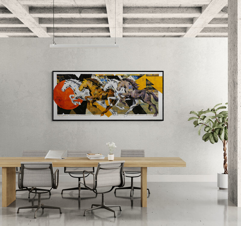 In-situ view of Devidas Dharmadhikari's 'Horse Series 238 (Unbridled Energy)' painting in a room