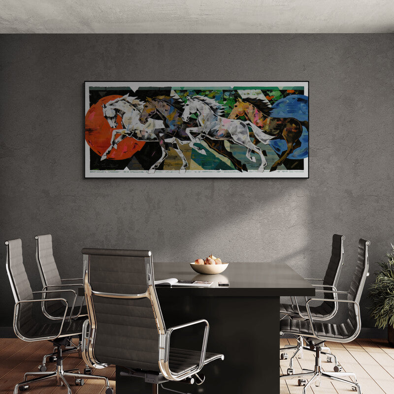 In-situ view of Devidas Dharmadhikari's 'Horse Series 241 (Unbridled Symphony)' painting in a room