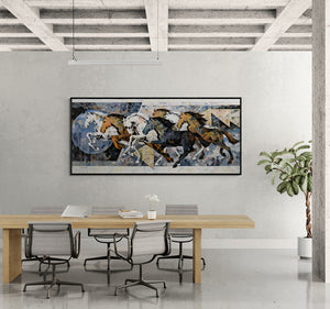 Preview of 'Horse Series 250 (Unbridled Energy)' Painting by Devidas Dharmadhikari shown on a wall in a furnished room.