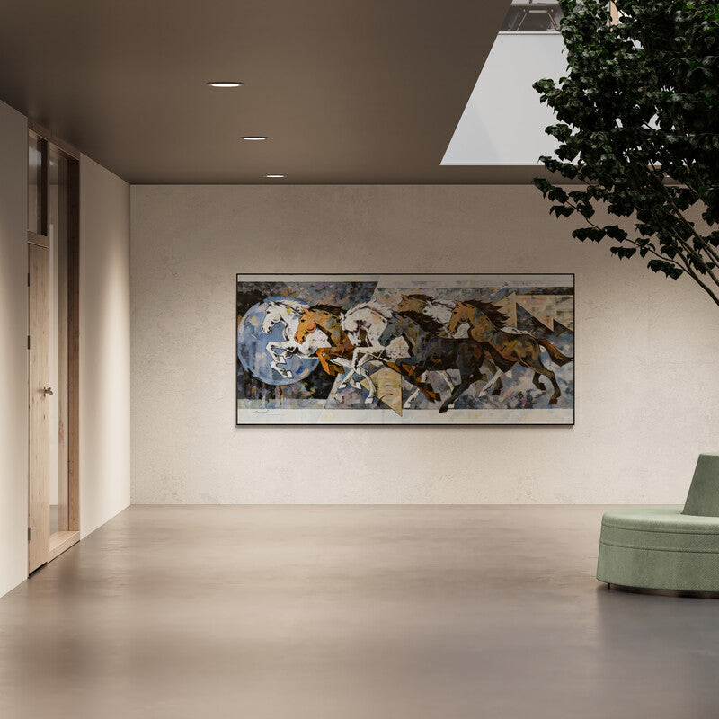 In-situ view of Devidas Dharmadhikari's 'Horse Series 250 (Unbridled Energy)' painting in a room