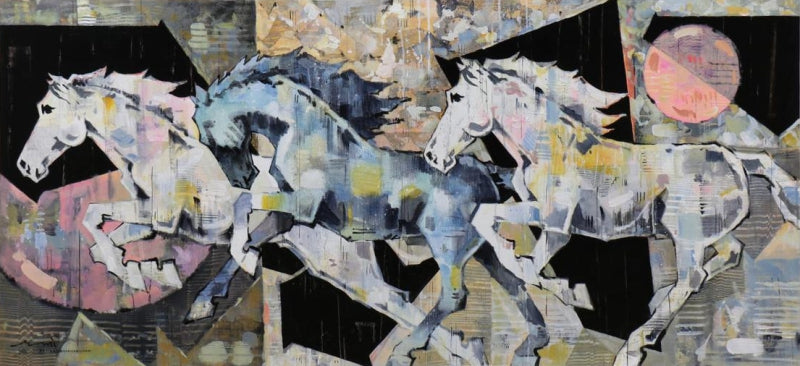 'Horse Series 283' animals acrylic painting by artist Devidas Dharmadhikari, 36x72 inch, on canvas