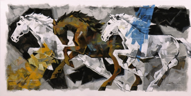 Horse Series 284' animals acrylic painting by artist Devidas Dharmadhikari, 36x72 inch, on canvas